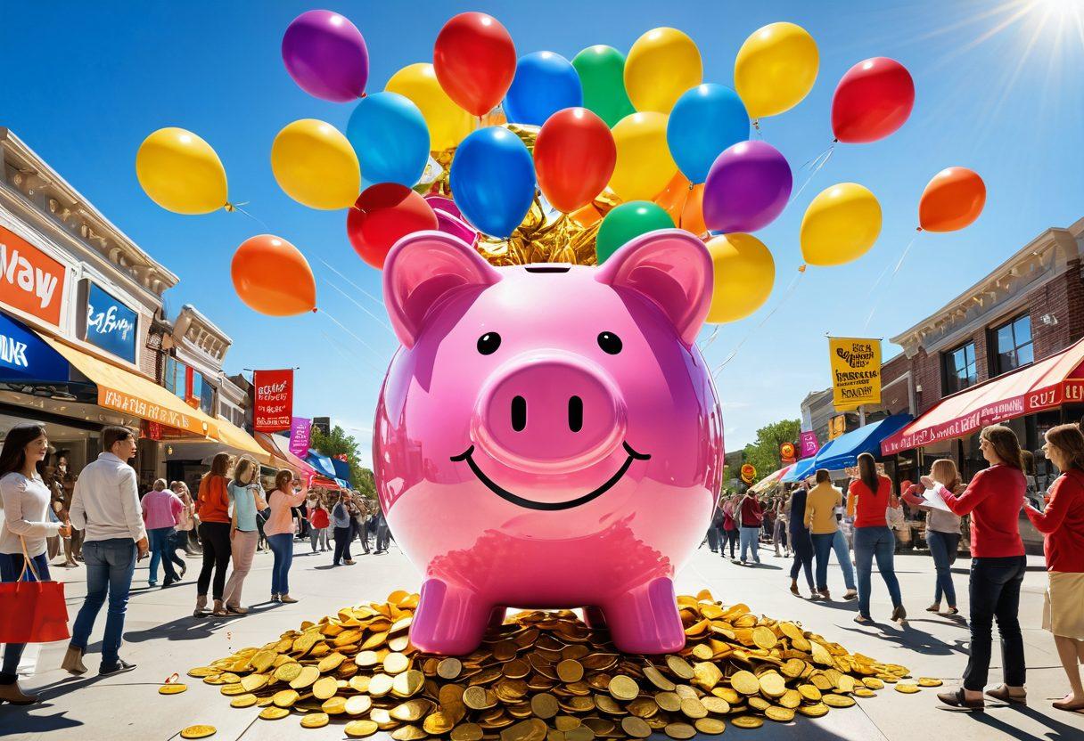 A vibrant scene depicting a large, colorful piggy bank overflowing with gold coins, surrounded by cheerful shoppers holding discount coupons and promotional signs. In the background, a bright sun emits rays that symbolize happiness and savings, while a clock signifies limited time offers. Incorporate playful elements like balloons and banners that showcase various discounts. surrealistic. vibrant colors. white background.