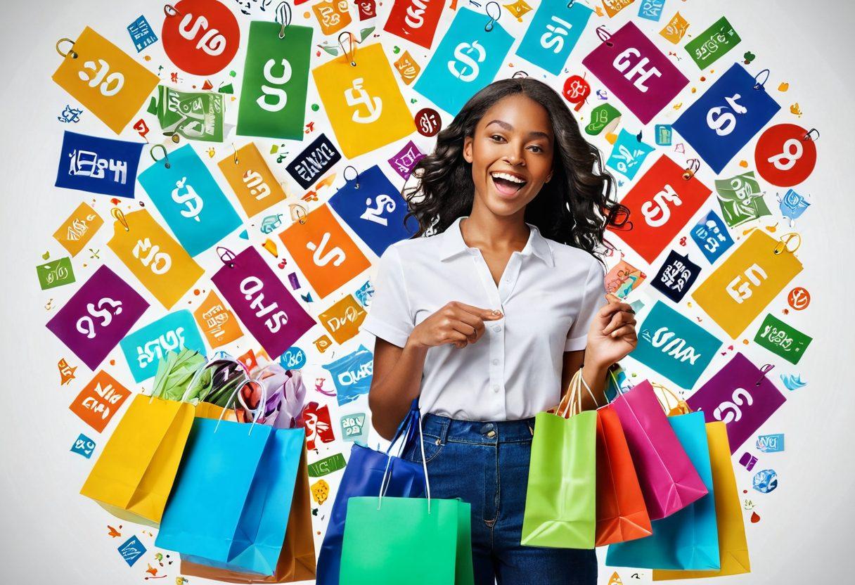 A vibrant and colorful collage of various shopping items, like clothing, electronics, and groceries, with discount tags hanging from each item. In the background, a joyful shopper is holding bags filled with purchases, surrounded by floating dollar signs and percentage symbols to symbolize savings. The overall atmosphere is dynamic and enticing, inviting viewers to explore great deals. super-realistic. vibrant colors. white background.