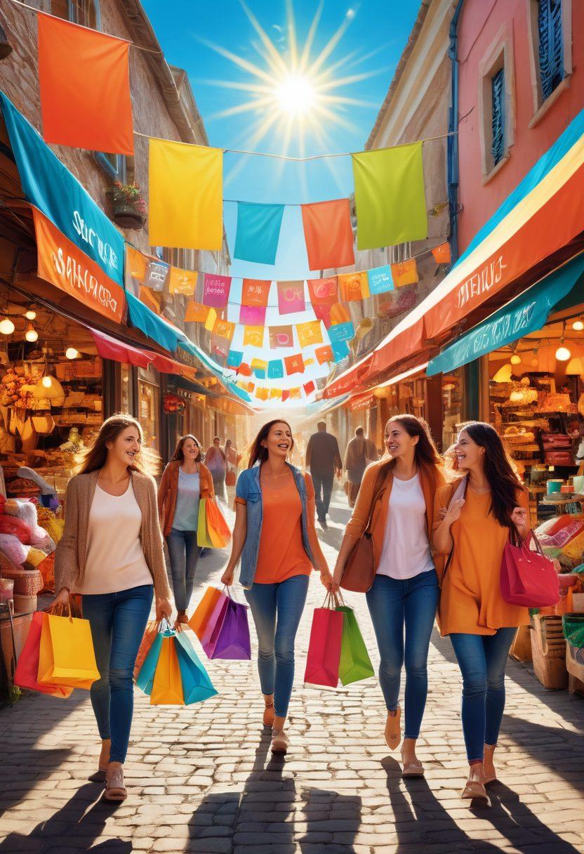 A vibrant marketplace scene bustling with joyful people discovering incredible deals. Colorful banners advertise 'Super Offers' while a radiant sun shines down, casting a warm glow. Lively expressions and diverse faces showcase the excitement of finding happiness in savings. Shopping bags filled with colorful items add to the cheerful atmosphere. surrealistic art style. bright colors. energetic vibe.